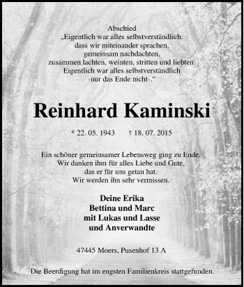 Traueranzeige von Reinhard Kaminski von Tageszeitung