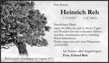 Traueranzeige von Heinrich Reh von Tageszeitung