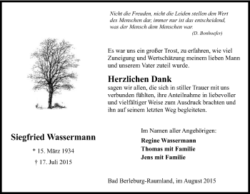 Traueranzeige von Siegfried Wassermann von Tageszeitung
