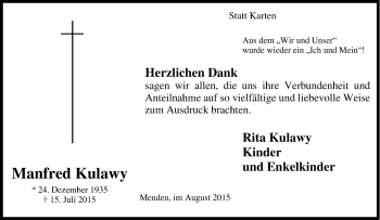 Traueranzeige von Manfred Kulawy von Tageszeitung