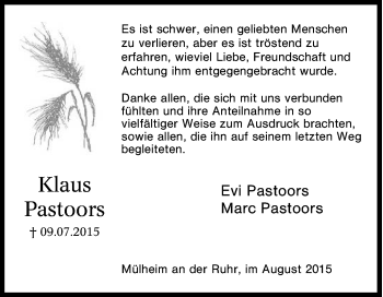 Traueranzeige von Klaus Pastoors von Tageszeitung