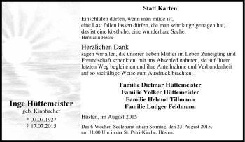 Traueranzeige von Inge Hüttemeister von Tageszeitung