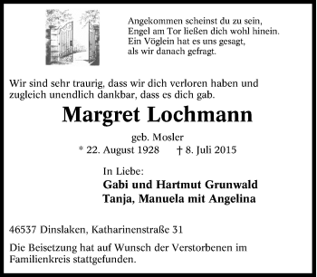 Traueranzeige von Margret Lochmann von Tageszeitung