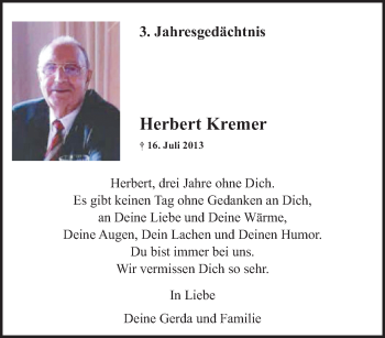 Traueranzeige von Herbert Kremer von Tageszeitung