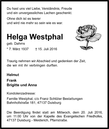 Traueranzeige von Helga Westphal von Tageszeitung