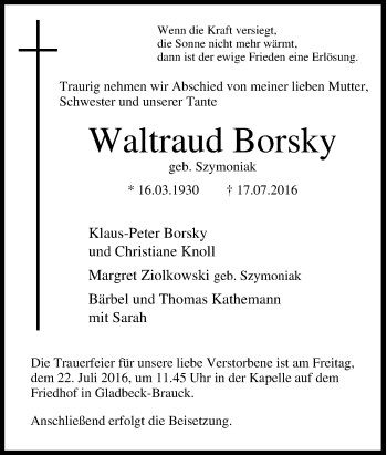 Traueranzeige von Waltraud Borsky von Tageszeitung