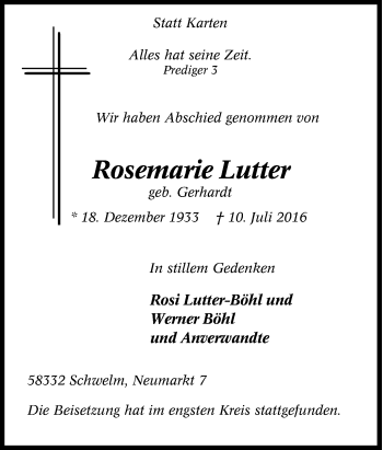 Traueranzeige von Rosemarie Lutter von Tageszeitung