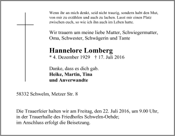 Traueranzeige von Hannelore Lomberg von Tageszeitung