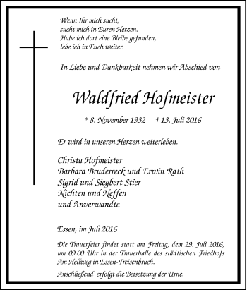 Traueranzeige von Waldfried Hofmeister von Tageszeitung