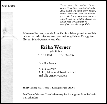 Traueranzeige von Erika Werner von Tageszeitung