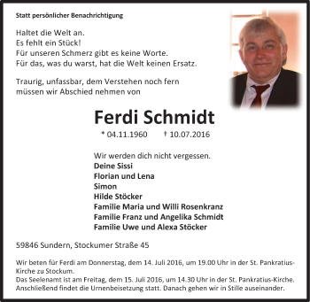 Traueranzeige von Ferdi Schmidt von Tageszeitung