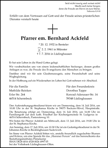 Traueranzeige von Bernhard Ackfeld von Tageszeitung