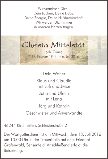 Traueranzeige von Christa Mittelstät von Tageszeitung