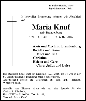 Traueranzeige von Maria Knuf von Tageszeitung