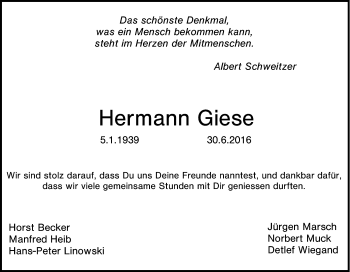Traueranzeige von Hermann Giese von Tageszeitung