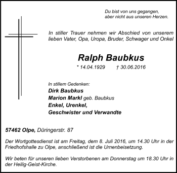 Traueranzeige von Ralph Baubkus von Tageszeitung