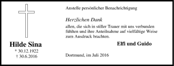 Traueranzeige von Hilde Sina von Tageszeitung