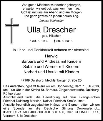 Traueranzeige von Ulla Drescher von Tageszeitung