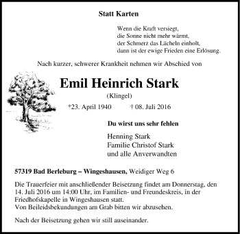 Traueranzeige von Emil Heinrich Stark von Tageszeitung
