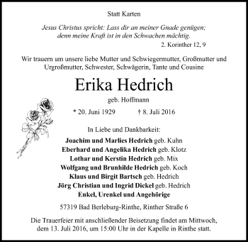 Traueranzeige von Erika Hedrich von Tageszeitung