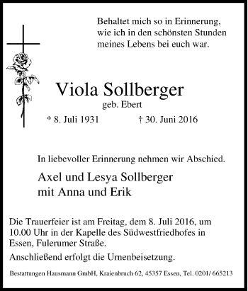 Traueranzeige von Viola Sollberger von Tageszeitung