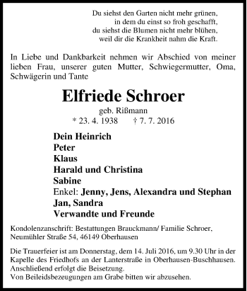 Traueranzeige von Elfriede Schroer von Tageszeitung