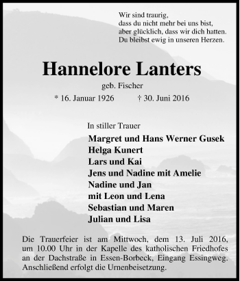 Traueranzeige von Hannelore Lanters von Tageszeitung