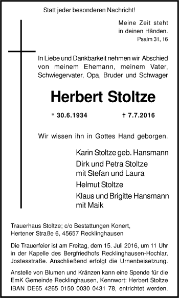 Traueranzeige von Herbert Stoltze von Tageszeitung