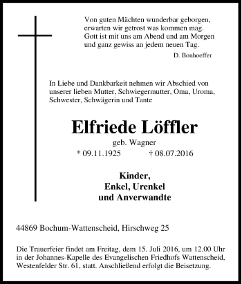 Traueranzeige von Elfriede Löffler von Tageszeitung