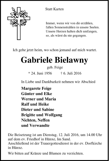 Traueranzeige von Gabriele Bielawny von Tageszeitung