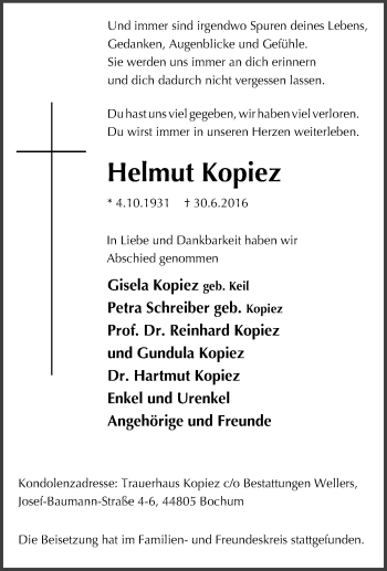 Traueranzeige von Helmut Kopiez von Tageszeitung