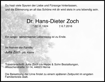 Traueranzeige von Hans-Dieter Zoch von Tageszeitung