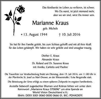 Traueranzeige von Marianne Kraus von Tageszeitung
