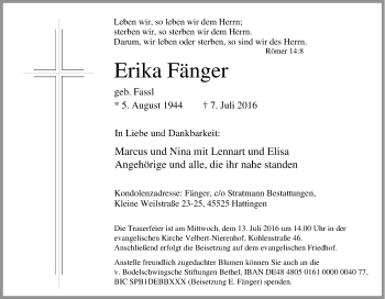 Traueranzeige von Erika Fänger von Tageszeitung