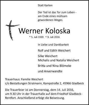 Traueranzeige von Werner Koloska von Tageszeitung