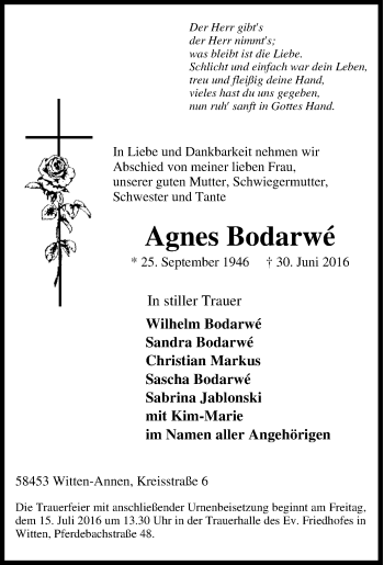 Traueranzeige von Agnes Bodarwe von Tageszeitung