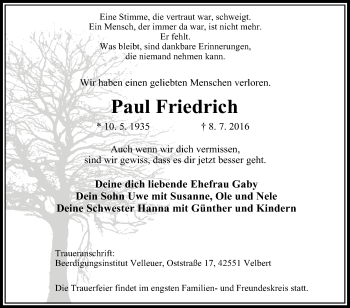 Traueranzeige von Paul  Friedrich von Tageszeitung