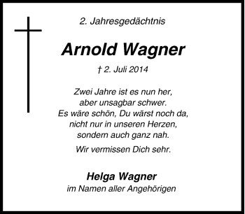 Traueranzeige von Arnold Wagner von Tageszeitung