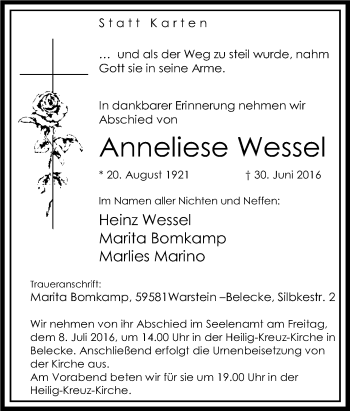 Traueranzeige von Anneliese Wessel von Tageszeitung