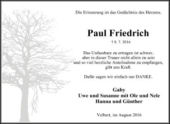 Traueranzeige von Paul  Friedrich von Tageszeitung
