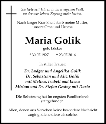 Traueranzeige von Maria Golik von Tageszeitung