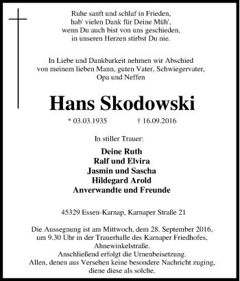 Traueranzeige von Hans Skodowski von Tageszeitung