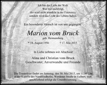Traueranzeige von Marion  vom Bruck von WVW Anzeigenblätter