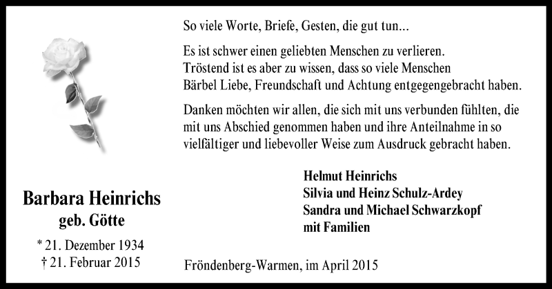  Traueranzeige für Barbara Heinrichs vom 04.04.2015 aus Stadtspiegel Menden + Froendenberg