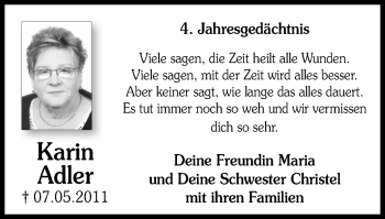 Traueranzeige von Karin Adler von Wochen-Anzeiger Oberhausen