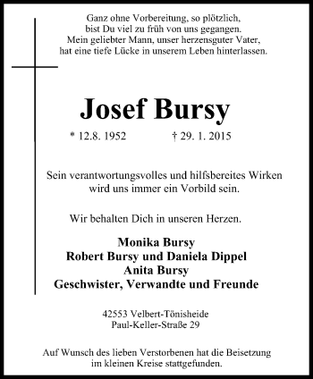 Traueranzeige von Josef Bursy von Stadtanzeiger Velbert + Heiligenhaus