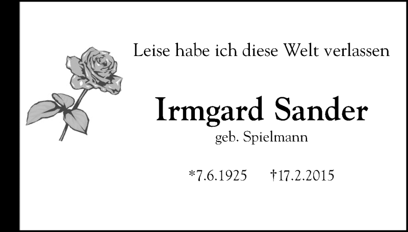  Traueranzeige für Irmgard Sander vom 15.04.2015 aus Kettwig Kurier