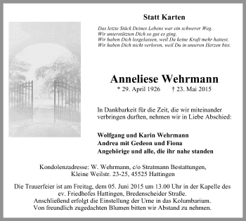Traueranzeige von Anneliese Wehrmann von Stadtspiegel Hattingen/Niedersprockhövel