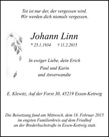 Traueranzeige von Johann Linn von WVW Anzeigenblätter