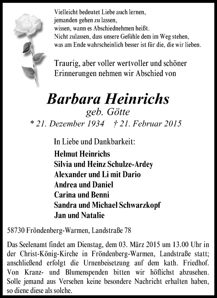  Traueranzeige für Barbara Heinrichs vom 25.02.2015 aus Stadtspiegel Menden + Froendenberg